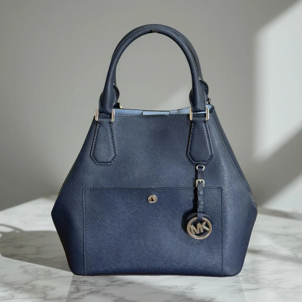 Authentic Michael Kors Blue Greenwich Saffiano Leather Satchel Crossbody Handbag